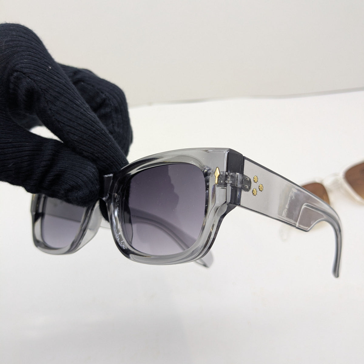 Transparent Grey Square Sunglasses – Smoke Lens with Gold Star Detail