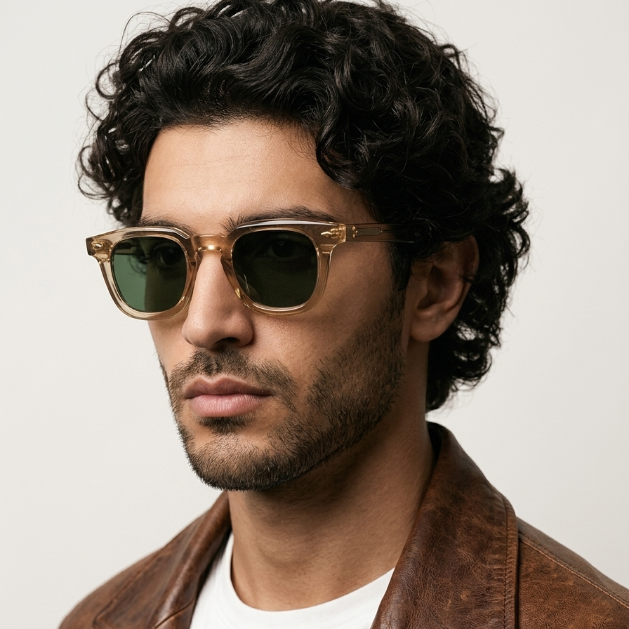 Classic Vintage Square Green Lens Sunglasses – Transparent Beige Frame