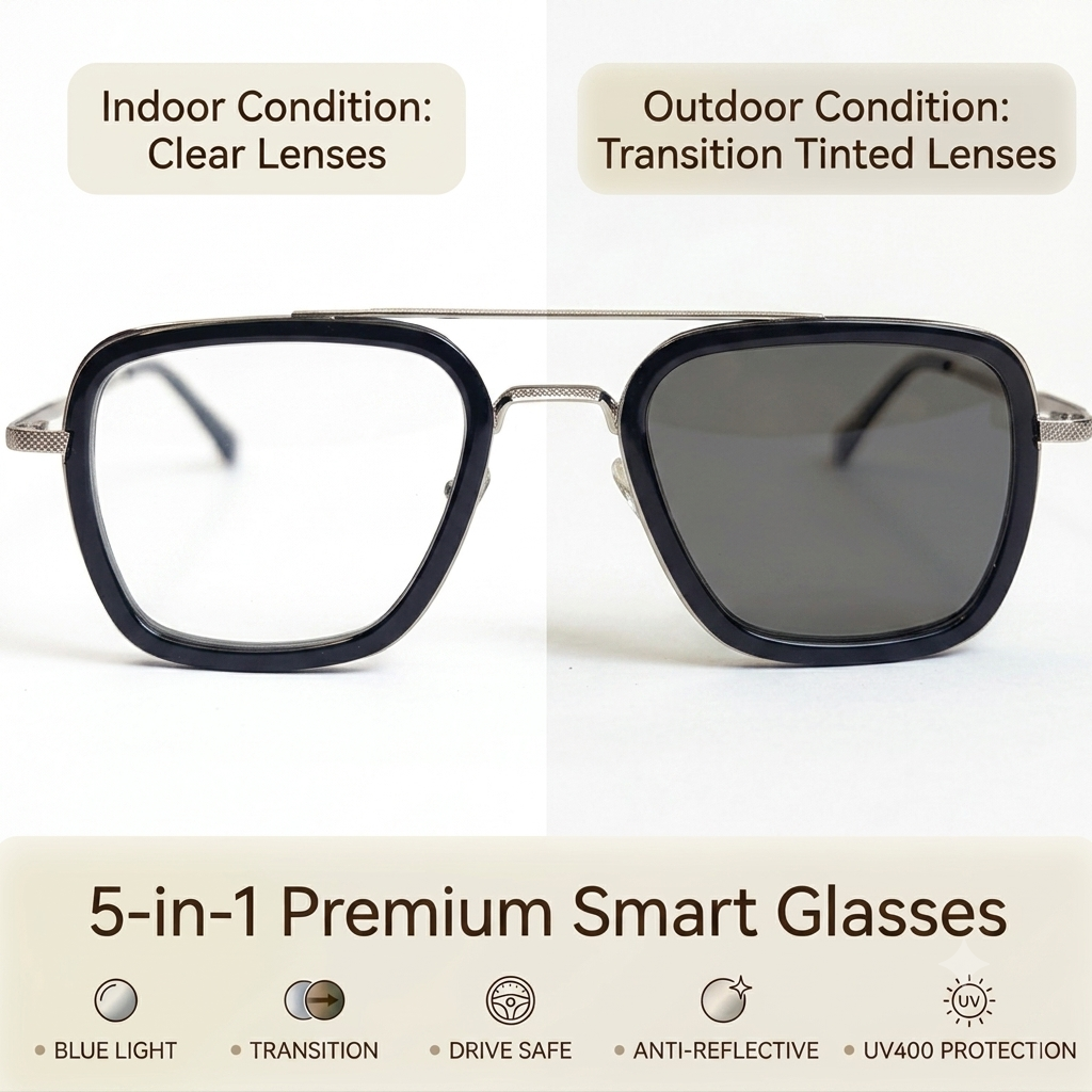 Western Trendy 5 in 1 Glasses - Black Golden - Transition + Screen - With Free Gifts
