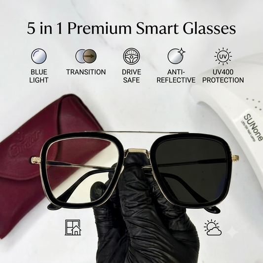 Western Trendy 5 in 1 Glasses - Black Golden - Transition + Screen - With Free Gifts