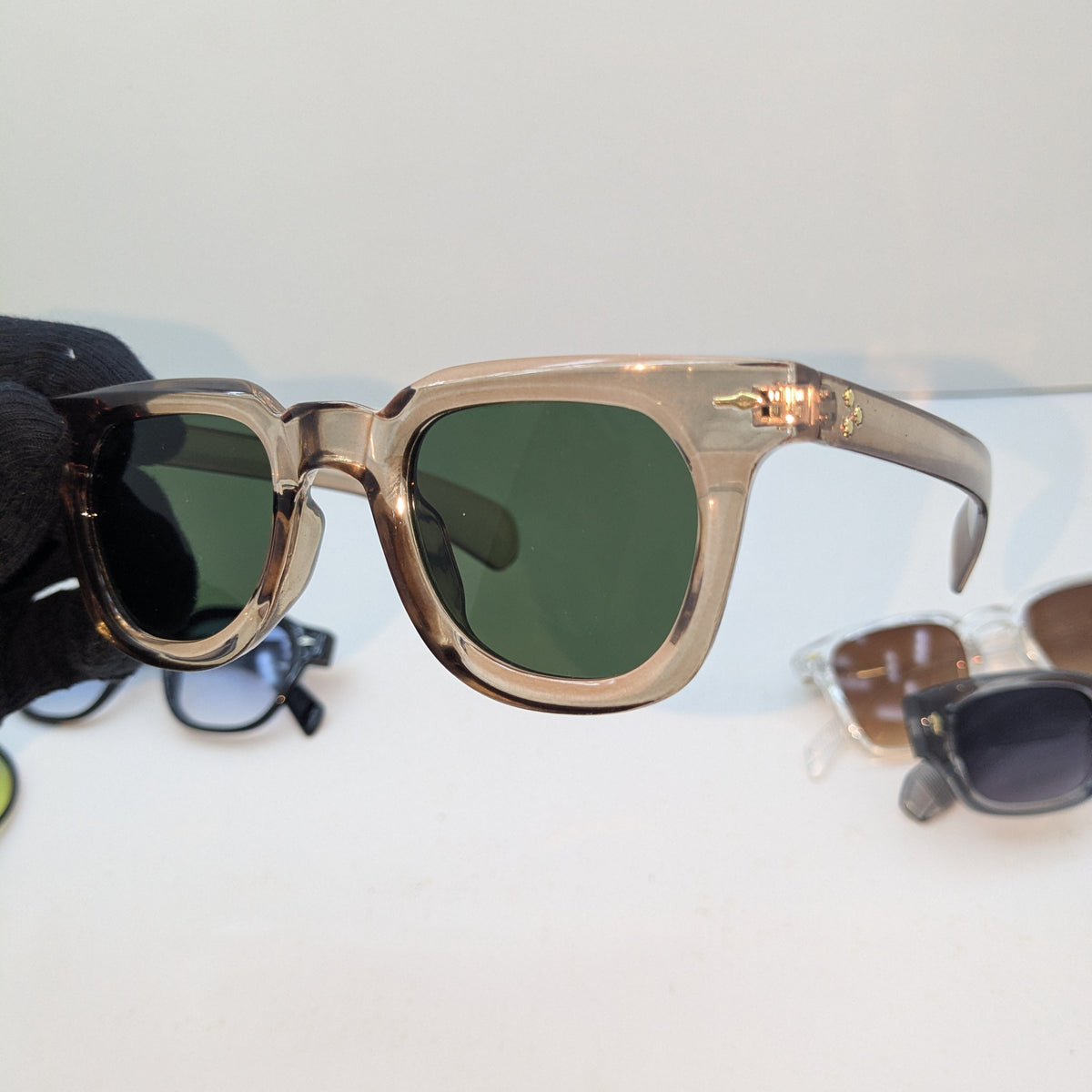 Classic Vintage Square Green Lens Sunglasses – Transparent Beige Frame